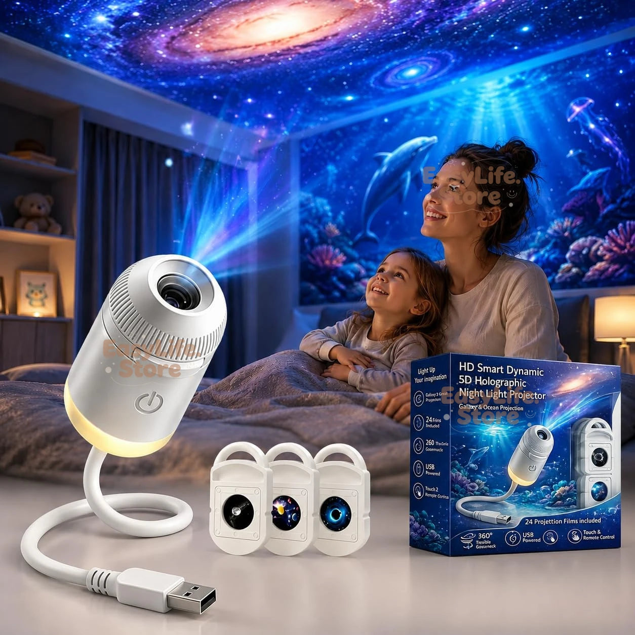 HD Smart Dynamic 5D Holographic Night Light Projector, 2-in-1 Galaxy Star and Ocean Projector with 24 Films for Bedroom Decor