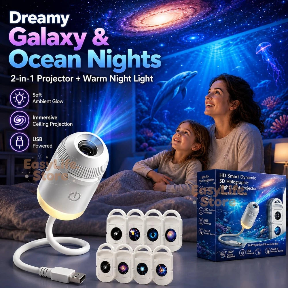 HD Smart Dynamic 5D Holographic Night Light Projector, 2-in-1 Galaxy Star and Ocean Projector with 24 Films for Bedroom Decor