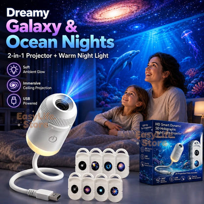 HD Smart Dynamic 5D Holographic Night Light Projector, 2-in-1 Galaxy Star and Ocean Projector with 24 Films for Bedroom Decor