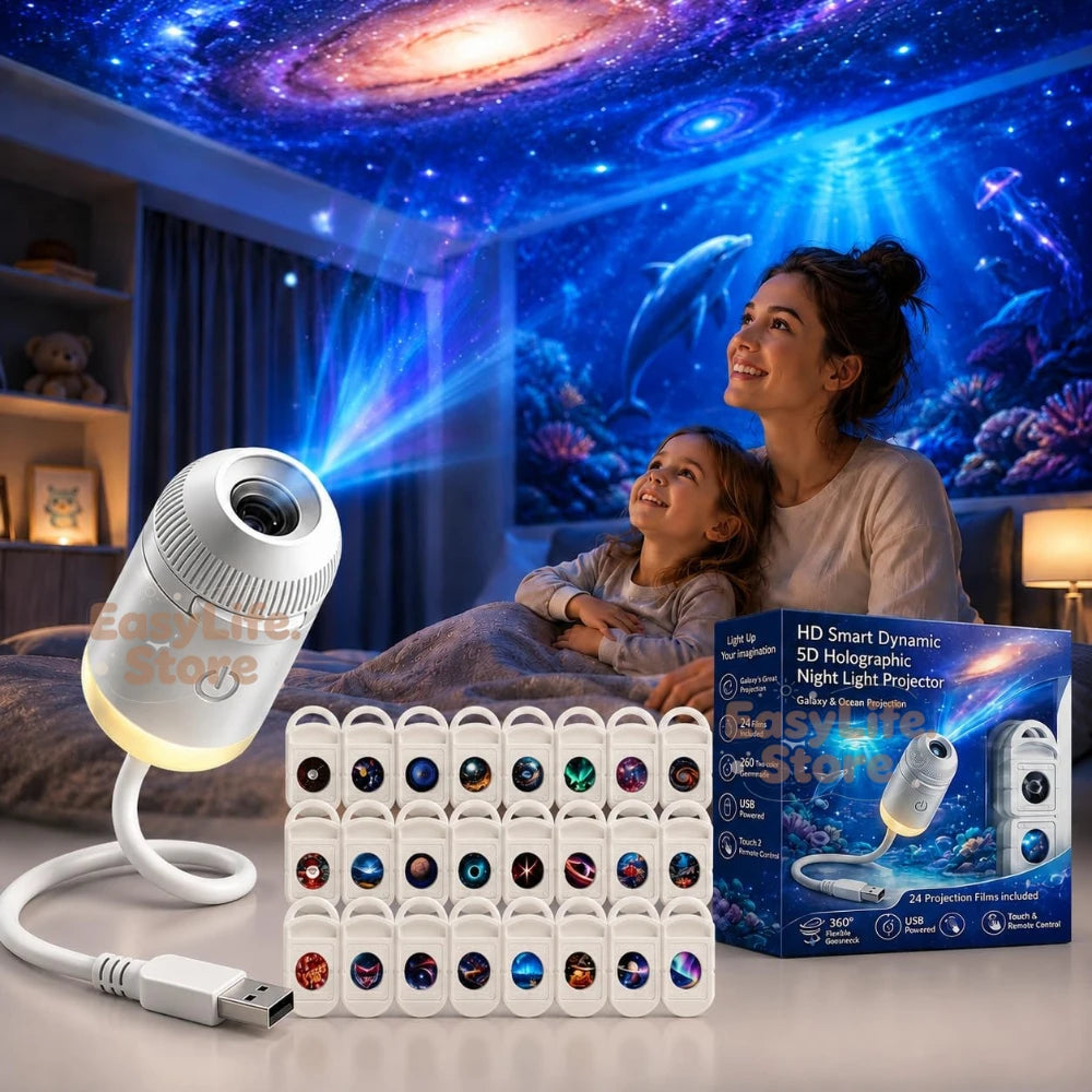 HD Smart Dynamic 5D Holographic Night Light Projector, 2-in-1 Galaxy Star and Ocean Projector with 24 Films for Bedroom Decor