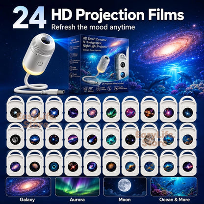 HD Smart Dynamic 5D Holographic Night Light Projector, 2-in-1 Galaxy Star and Ocean Projector with 24 Films for Bedroom Decor